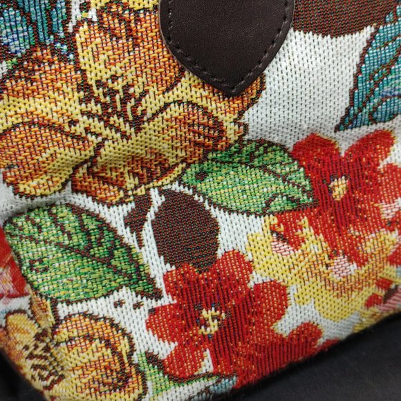 Sander Bags & More Vtg Red Floral Tapestry Tote Bag/Purse Brown Leather Handles - Picture 4 of 7